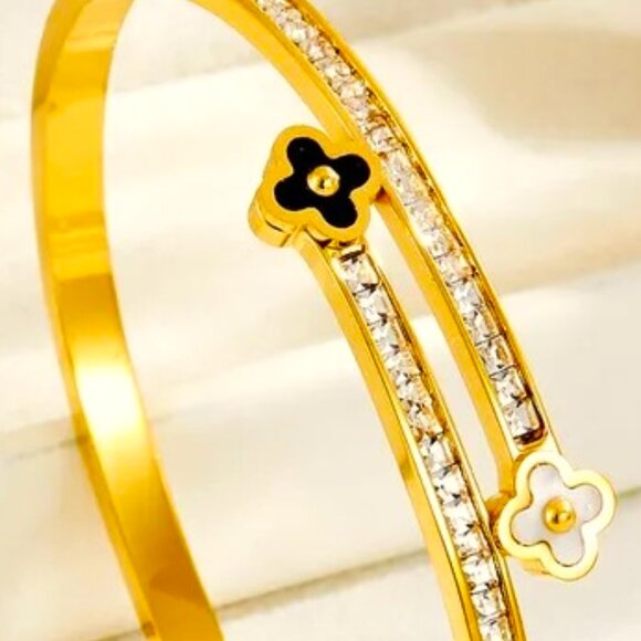 DAINTY SLIM GOLD DIPPED WRAP CUFF BLACK & WHITE CLOVER WHITE CZ'S ALONG THE SIDE - Picture 3 of 3